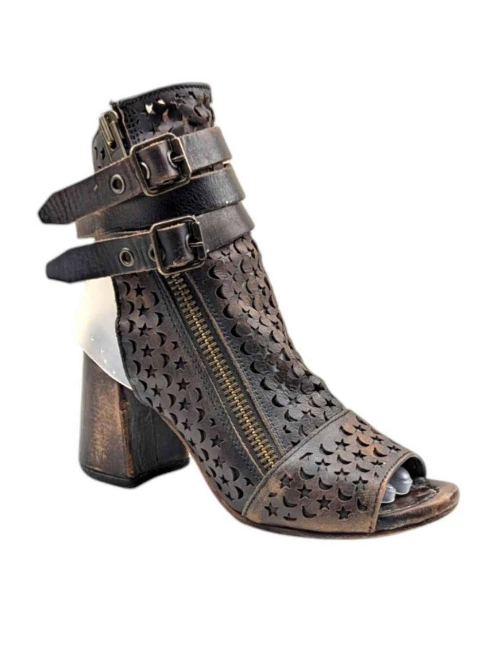 Freebird Theresa Distressed Leather Cutout Peep Toe Block Heel Booties Size 8 - Picture 4 of 12